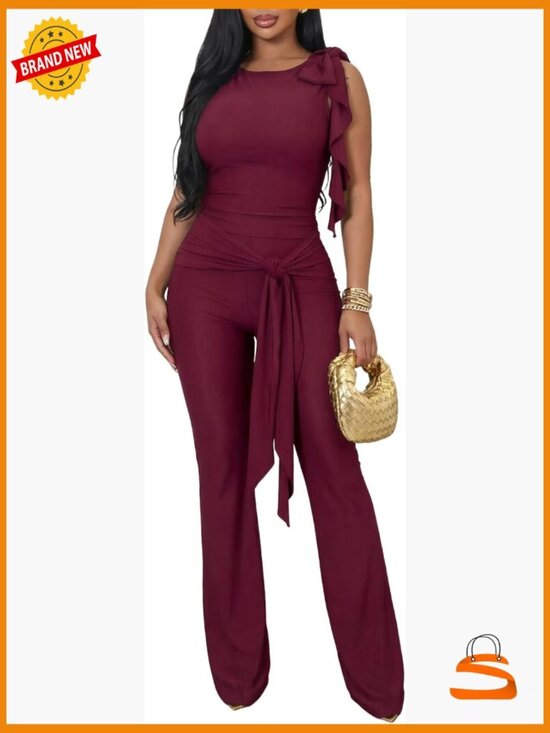 Pants - Women's 2 Piece Outfits Ruffle Tank Top & Flare Pants Matching Set Summer